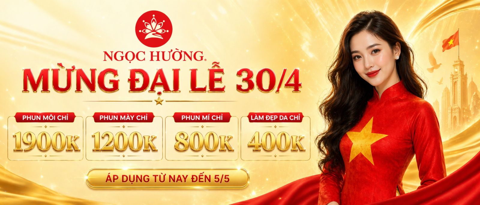 Khuyến mãi đại lễ 30/4 - 1/5 tại Ngọc Hường: Phun lông mày 1200K, phun môi 1800K, phun mí mắt 800K, làm đẹp da từ 400K