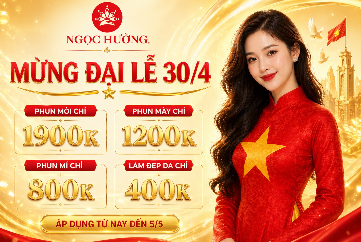 Khuyến mãi 30/4 - 1/5 tại Ngọc Hường: Phun mày 1200K, phun môi 1900K