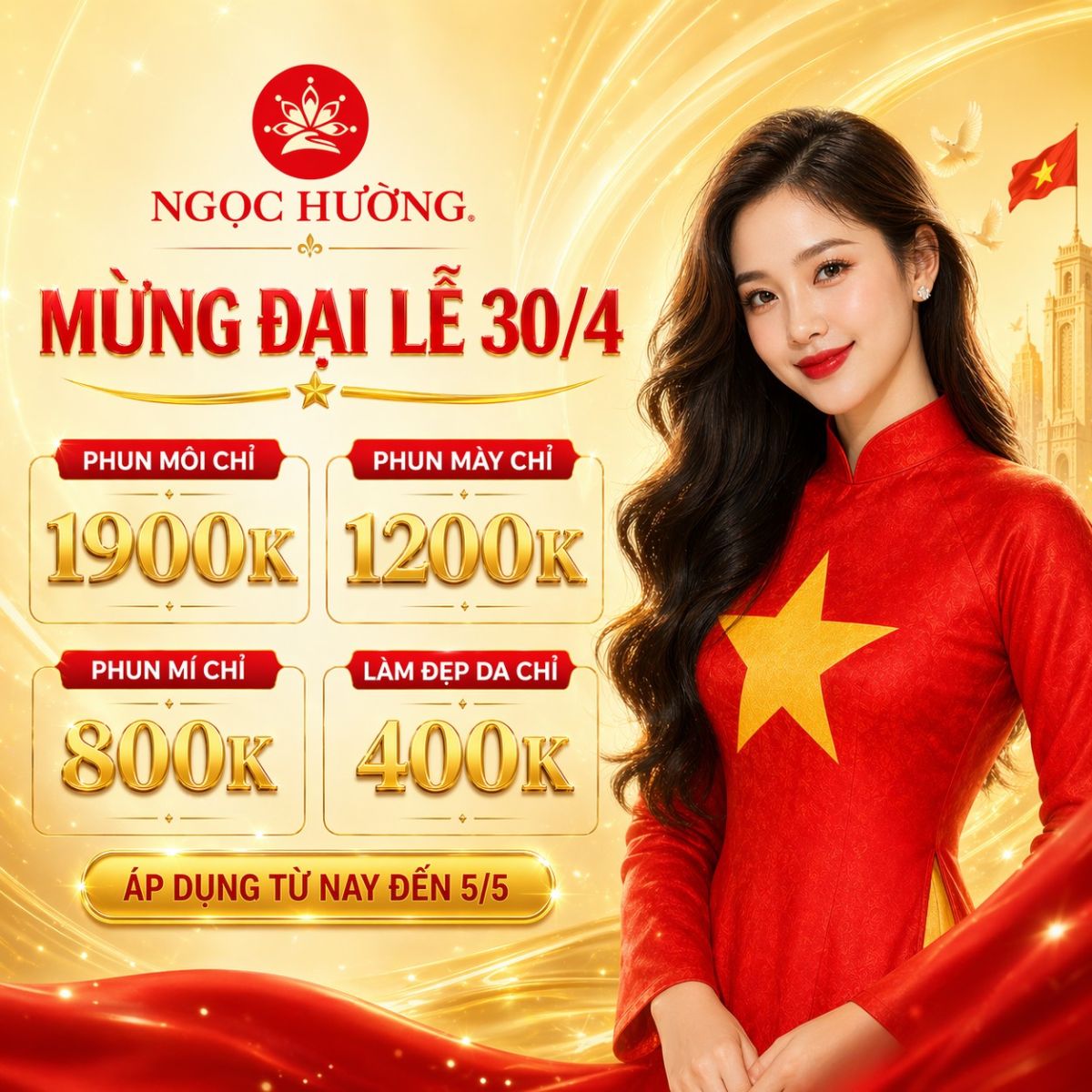 Khuyến mãi đại lễ 30/4 - 1/5 tại Ngọc Hường: Phun lông mày 1200K, phun môi 1800K, phun mí mắt 800K, làm đẹp da từ 400K