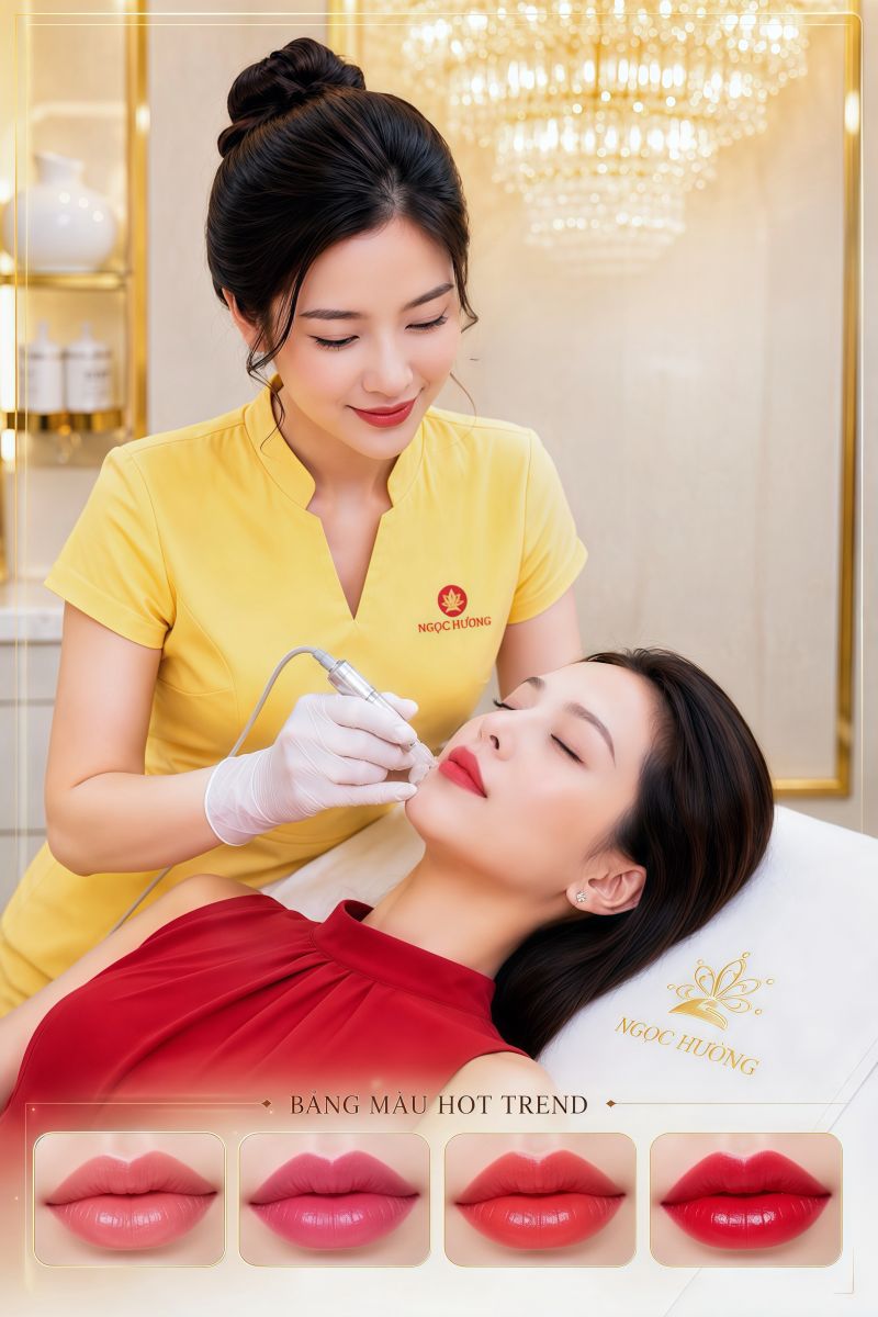 Kỹ thuật viên thực hiện phun môi cho khách hàng tại Ngọc Hường